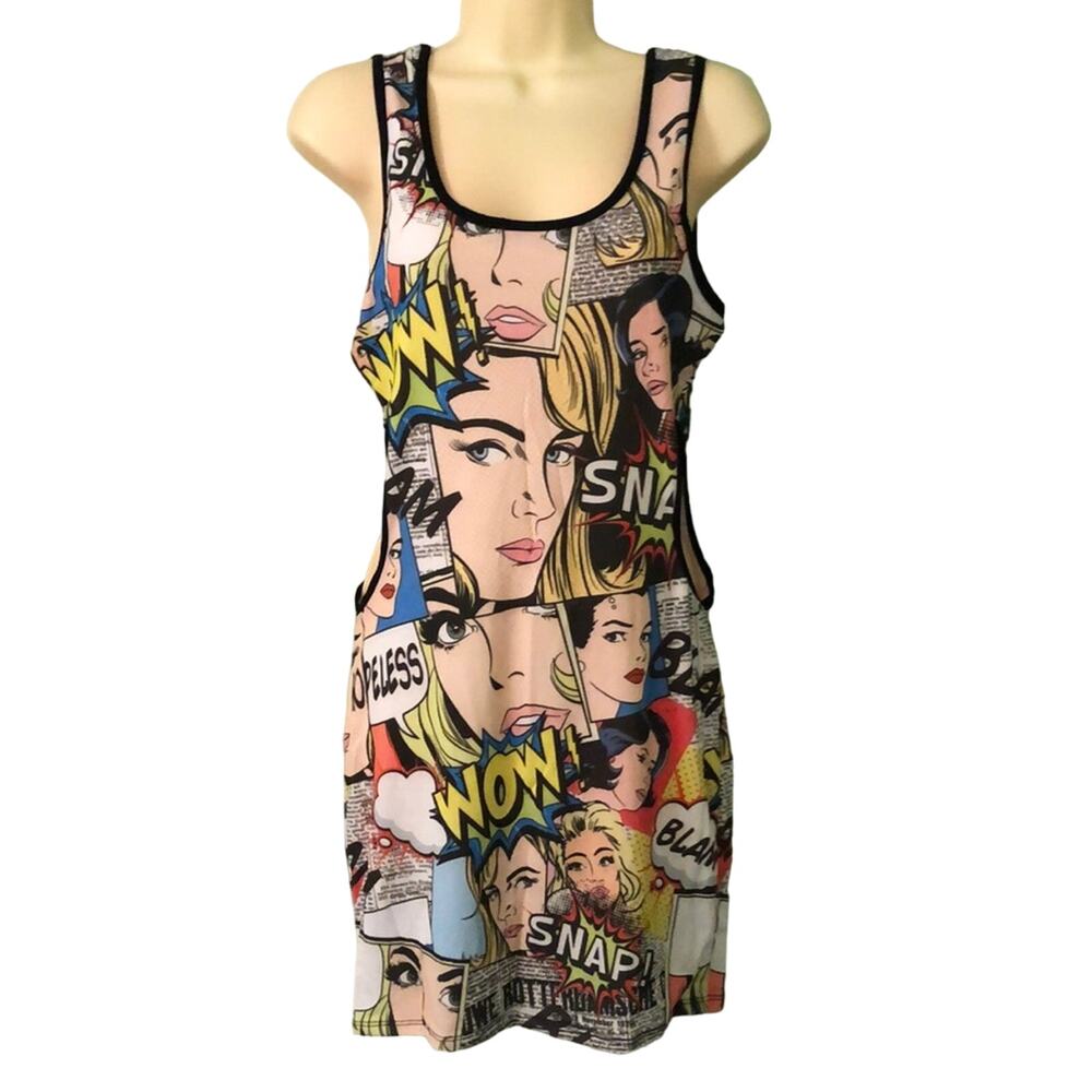 K Too Comic Book Print Knit Dress Cutouts NWT Junior Size Large Mini Novelty